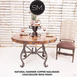 Round Elegant Natural Hand Hammered Copper Dining Table with Hand Forged Wrought Iron and Nail Heads