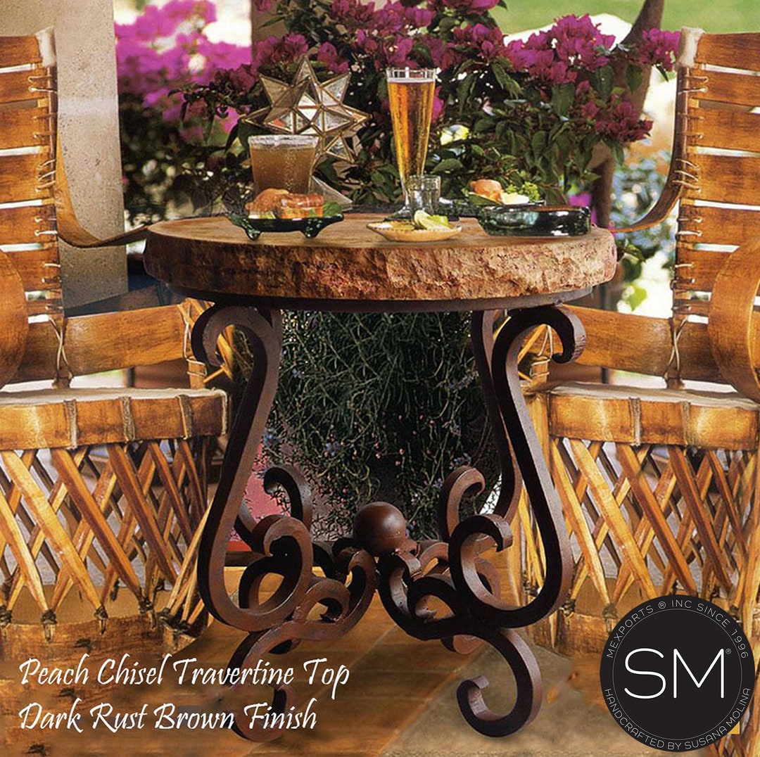 Wrought Iron Patio Furniture High End Table, Wrought Iron Travertine