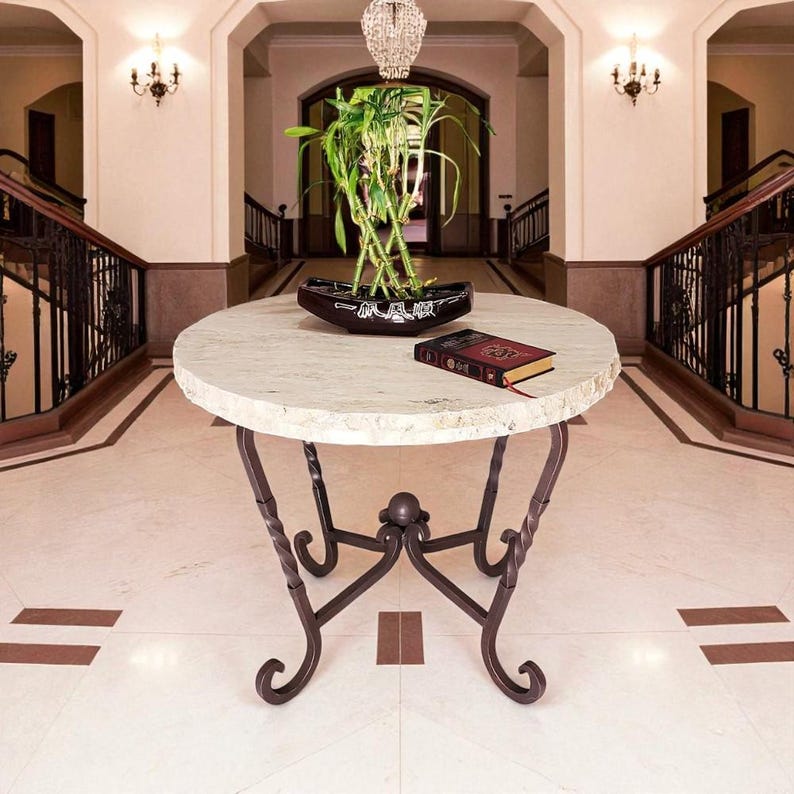 31" Cream Chiseled Travertine Foyer Table: Hand-forged Wrought Iron ...