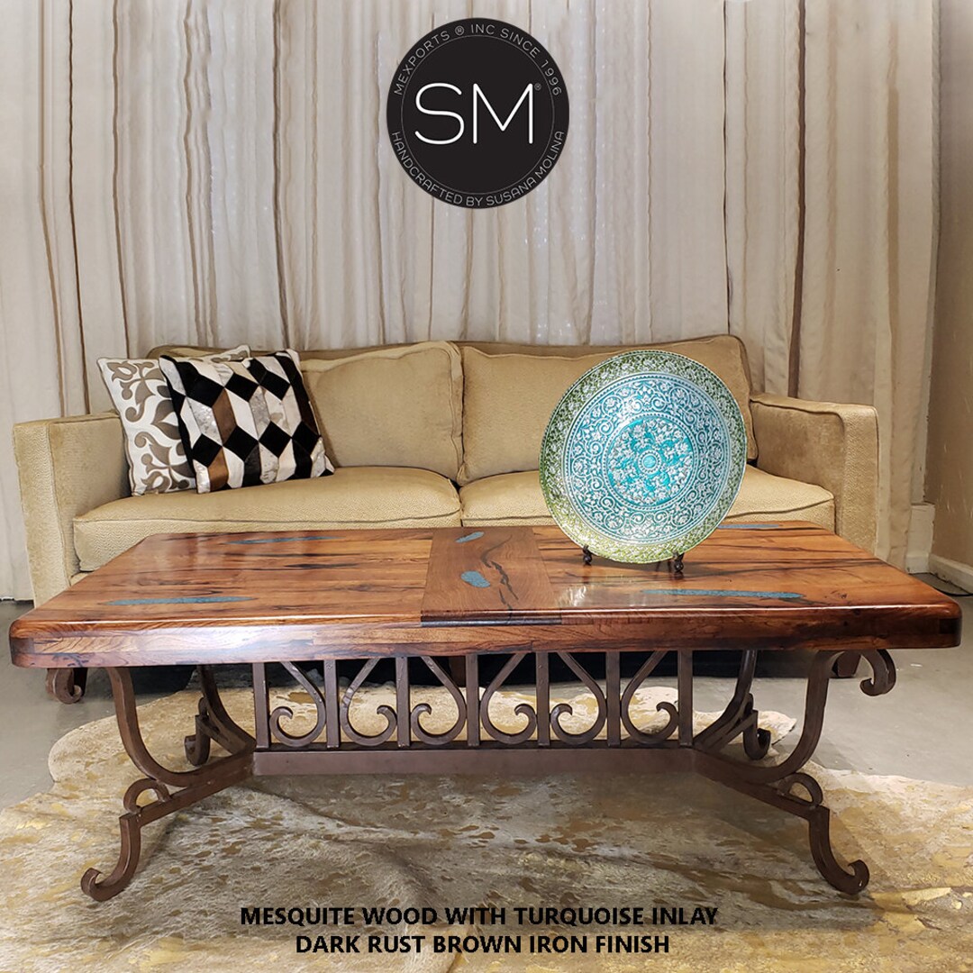 Southern Ranch House Rectangular Mesquite Coffee Table With Turquoise Inlay and Hand Forged Wrought Iron Etsy