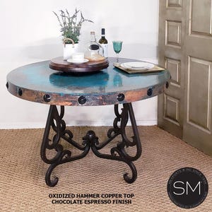 Luxurious Modern Oxidized Hand Hammered Copper and Nail Head accents Round Dinette with Hand Forged Wrought Iron