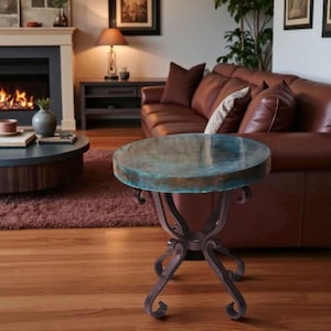 24” Round Side Table – Oxidized Hammered Copper Top 3” Thick – Flat Iron Heavy Gauge Base – Rustic Luxury Furniture by Susana Molina