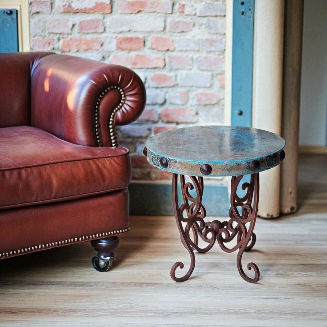 Oxidized Copper End Table: Nailhead Detail, Wrought Iron Base - Etsy