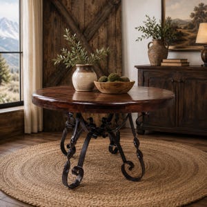 Country Rustic Mesquite Dining Table | 48"  Round Mesquite & Iron Base | Rustic Ranch Dining Table | Mexports by Susana Molina