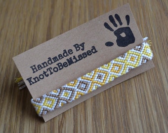Handmade Woven Macrame Diamond Friendship Bracelet Honey Mustard Yellow White
