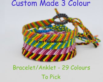 Custom Made Handwoven Macrame Friendship Bracelet Anklet Choose Your Own 3 Colours Stripy Personalize