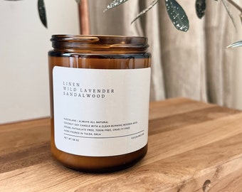 Linen Wild Lavender Sandalwood Candle 8oz–Coconut Soy Candle with a Clean Burning Wood Wick (Vegan, All Natural, Phthalate Free, Toxin Free)