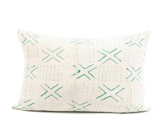 Mud Cloth, Pillow cover, White  and Green Lumbar, Mud Cloth 18x12