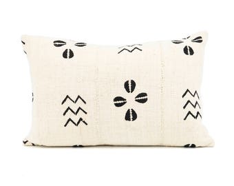 White and black and Lumbar Mud Cloth Pillow Cover