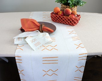 Table Runner, Soft Print, Orange Geometric | White with Orange Mud Cloth Look | ‘Imani Orange’ | Kwanzaa| Decorations