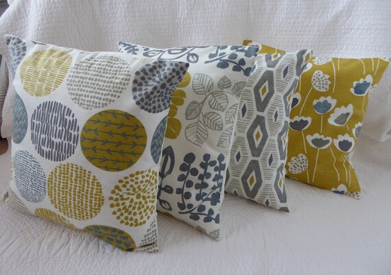 16/" inch Cushion Cover Saffron Mustard Yellow Grey Flower Print Handmade 40cm