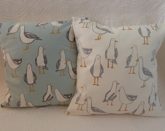 2 x 16" Cushion Covers Pale Blue Grey White Seagull Bird Seaside Beach Prints New 40cm