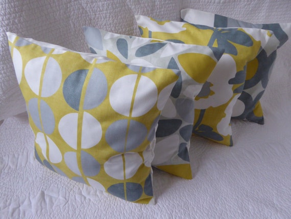 16/" inch Cushion Cover Saffron Mustard Yellow Grey Flower Print Handmade 40cm
