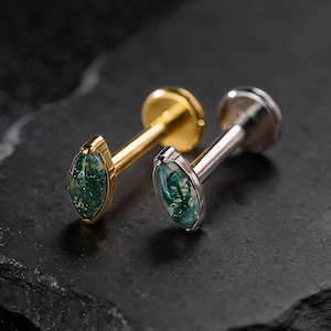 Moss Agate Titanium Stud Earring, Flat Back Piercing, 16G/18G