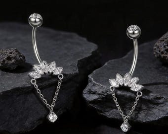 Anillo de ombligo de titanio con cadena colgante de flor, joyería para piercing de ombligo, barra para ombligo/regalos