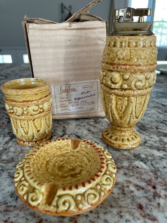 Lady Fair Napcoware Antique Gold Mid Century Cigarette Set