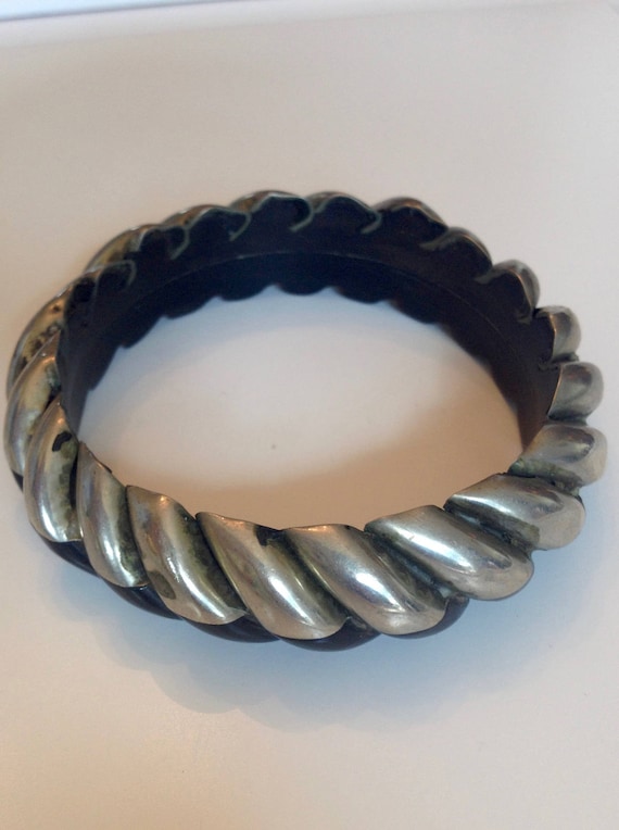 African carved horn silver bangle bracelet
