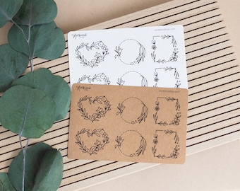 Nature Floral Frame Shapes v2 Sticker Sheet for Planners, Notes, and Bullet Journals in Kraft and Premium Matte White