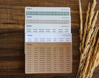 Days of the Week Sticker Sheet v.4 for Planners, Bullet Journals, and Notes–in Matte Kraft, Premium White, and Frosty Clear