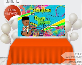 May include: A digital file for a birthday party backdrop featuring a cartoon baby boy wearing a gold chain and holding a boombox. The backdrop is colorful with a blue, green, and yellow color scheme and the text "The Fresh Prince of Rosenberg".