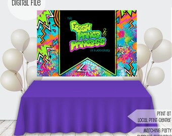 May include: A digital file for a party backdrop featuring a colorful 90s style design with the text "The Fresh Prince & Princess of Bladensburg".