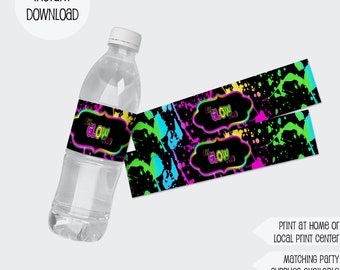 Glow Water Bottle Labels, 80s party, neon party label, 80s party juice pouch, glow birthday, glow water bottle, glow invite, glow crazy