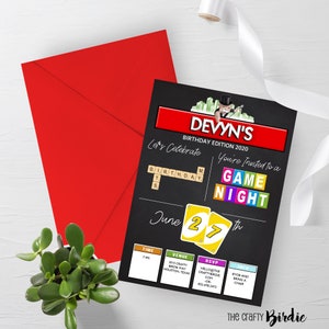 Invitation à une soirée de jeu- Soirée de jeux d’anniversaire- Invitation à une fête de jeu- Invitation à des jeux de société-Jeu de cartes-Soirée de fête d’anniversaire, Anniversaire du Monopoly