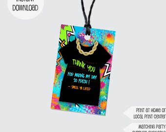 May include: A printable thank you tag with a black t-shirt with a gold chain on a colorful background. The text on the tag reads "Thank you for making my day so fresh! Smell ya later".