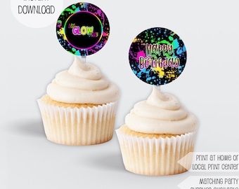 Glow Cupcake Topper, 80s party, 80s cupcake party, Neon glow party, glow in the dark party, neon decor, neon Cupcake label, INSTANT DOWNLOAD