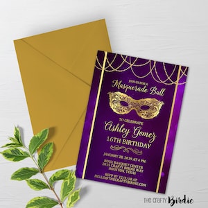 Masquerade Birthday Invite, Masquerade Ball, Masquerade Birthday, Masquerade Sweet 16th, Carnival, Quince Invite, Gold Mask Invite, Birthday