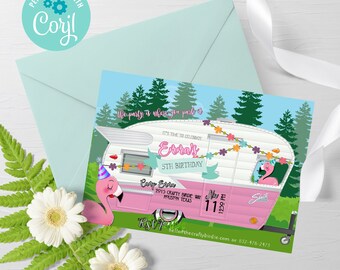 May include: Pink and white camper invitation with a flamingo and the text "It's time to celebrate Erra's 5th Birthday Camp Erra 2015 Crafty Birde Way Houston Texas Nov 11 2023 RSVP hello@thecraftybirdie.com or 652-478-2473 The Crafty Birdie"