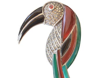 Huge gemstone and Sterling silver Toucan Brooch. Deco Style. 1970's.