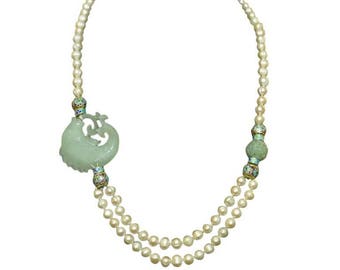 Chinese Carved Serpentine Koi Fish Necklace with Enamel and Freshwater Pearls.