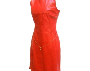 Versace Cherry Red Leather Dress with Gilt Belt.