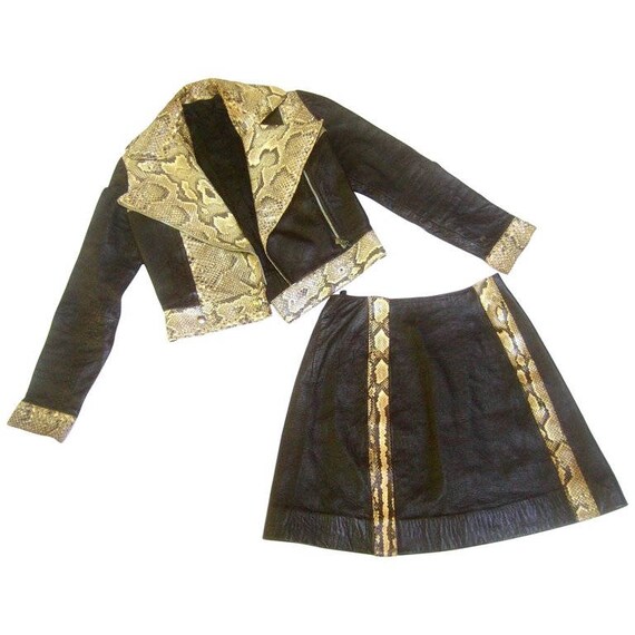 Ossie Clark Couture Brown Leather Snakeskin Suit.