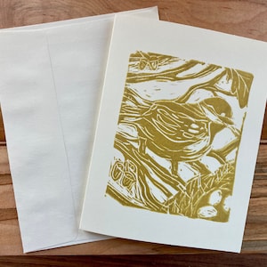 Carte de note de mésange d’or imprimée à la main