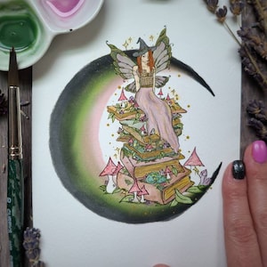 Book Fae Moon Painting / art print / fairy painting / wall decor / witch decor / witchy / art / mushroom / Witchy Decor / witchy gift /