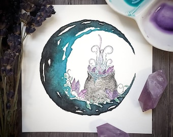 Crystal Cauldron Painting / Art Print / Witchy Decor / Witchy Art / Crystal Painting / Moon Decor / Moon Painting / Moon Art / Witchy Gift