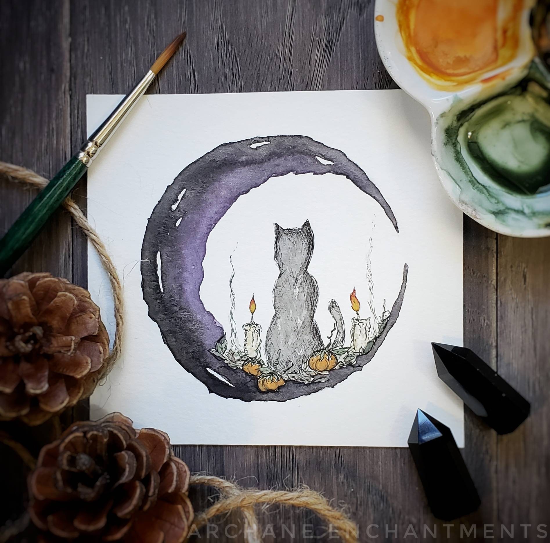 Hallows Eve Kitty / 4x4 print / Witch Decor / Moon Art