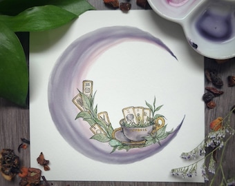 Tea and Tarot Art Print, Witchy Moon Decor