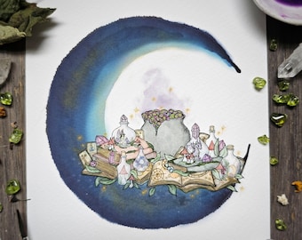 Book'ish Moon Painting / Art Print / Witch Decor / Moon Art / Goth Decor/ Witchy Art Print / Witch Painting / Witch Decor / witchy gift