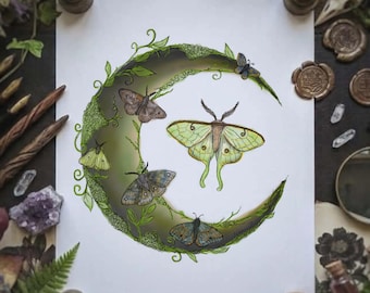 Stampa artistica da parete Falena Luna / Arte celeste ad acquerello con falena, decorazione stregonesca, arte lunare mistica da parete, decorazione gotica cottagecore