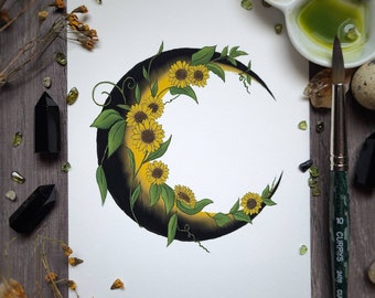 Sunflower Moon / Moon Art / Witch Decor / Witchy Decor / Sunflowers / Botanical Art / Moon Decor / Digital Print / Sunflower Painting / Art