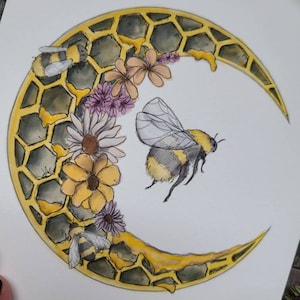 Bee Moon Painting / Art Print / Bumblebee / Bee Hive / Moon Art / Witchy Print / Witchy Decor / Bee Decor / Bee Gift / Bee Art / Witchy gift image 2