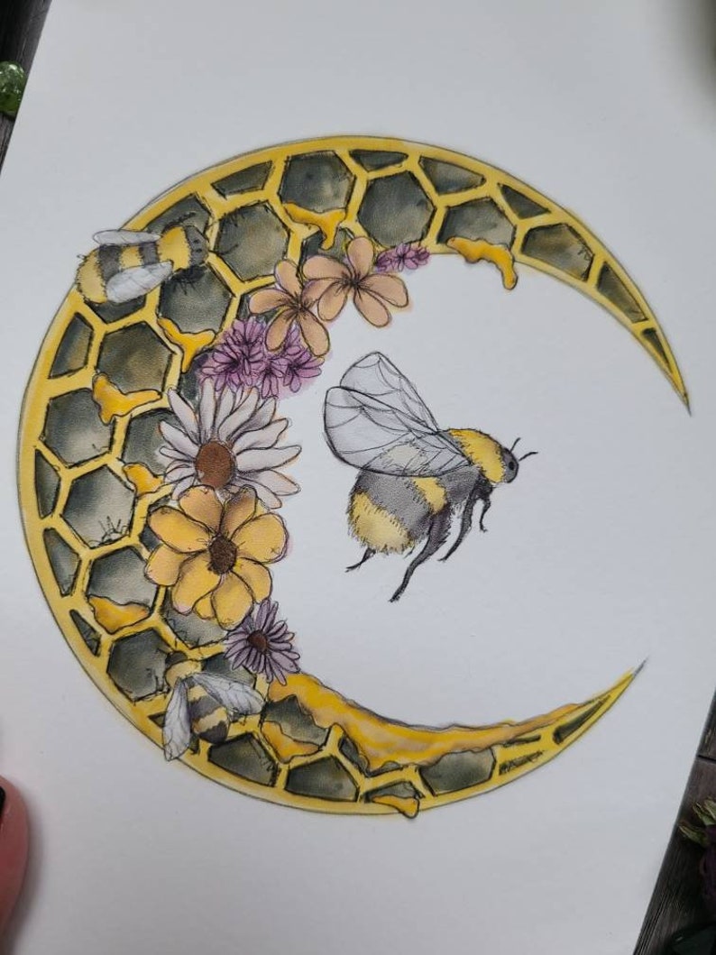 Bee Moon Painting / Art Print / Bumblebee / Bee Hive / Moon Art / Witchy Print / Witchy Decor / Bee Decor / Bee Gift / Bee Art / Witchy gift image 2