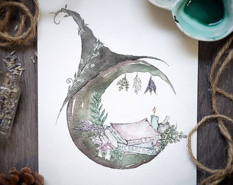 Green Witch Painting / Witch Decor / Moon Art / Witchy Decor / Fine Art / Green Witch Art / Moon Decor / cottagecore decor / farmhouse print