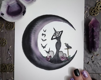 Gothic Moon Witch Art Print | Watercolor Celestial Witchy Decor, Lunar Wall Art