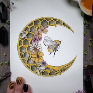 Bee Moon Painting / Art Print / Bumblebee / Bee Hive / Moon Art / Witchy Print / Witchy Decor / Bee Decor / Bee Gift / Bee Art / Witchy gift image 1