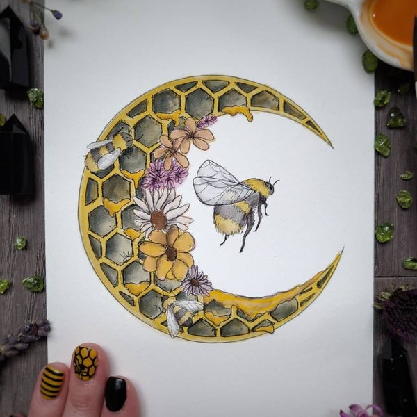 Bee Moon Painting / Art Print / Bumblebee / Bee Hive / Moon Art / Witchy Print / Witchy Decor / Bee Decor / Bee Gift / Bee Art / Witchy gift