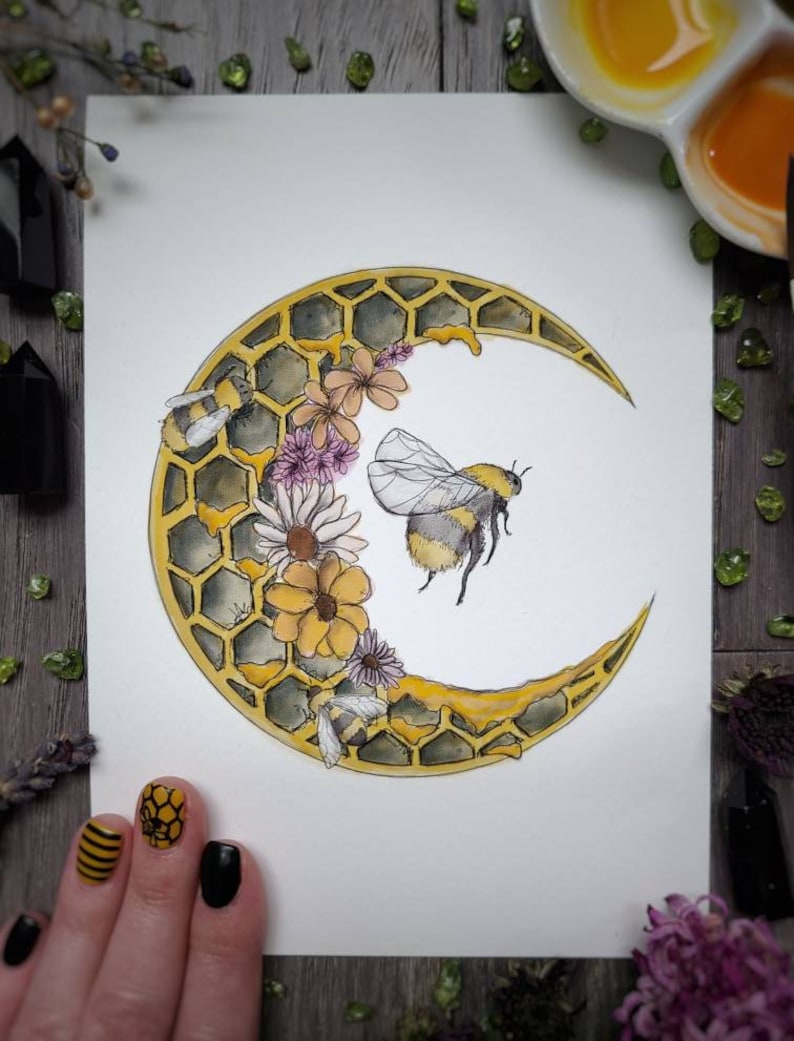 Bee Moon Painting / Art Print / Bumblebee / Bee Hive / Moon Art / Witchy Print / Witchy Decor / Bee Decor / Bee Gift / Bee Art / Witchy gift image 1